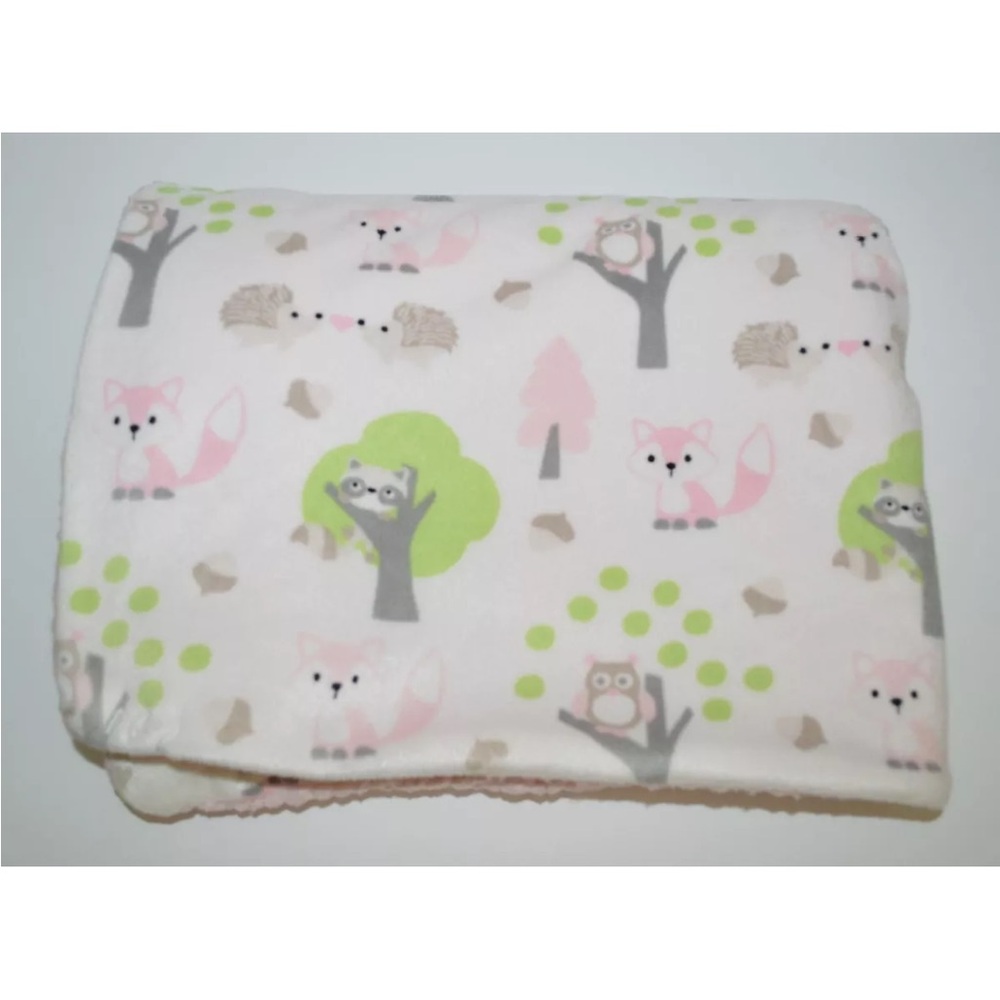 Blankets & Beyond Girl Sherpa Tree Raccoon Owl Fox Hedgehog White Pink Green